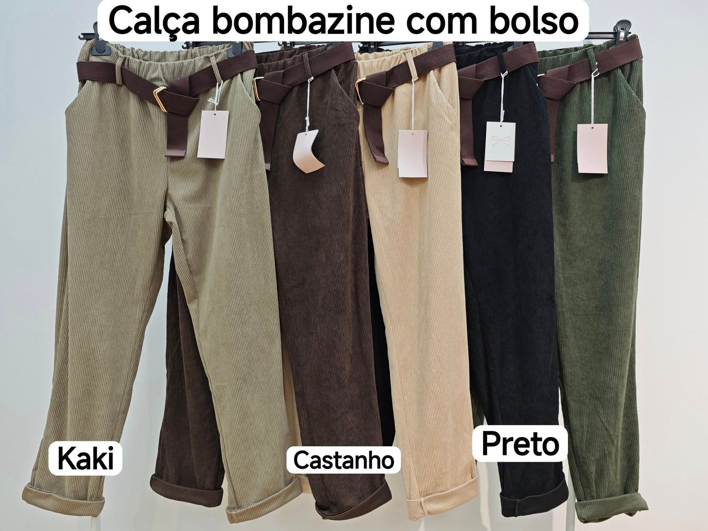 Calça bombazine com bolsos
