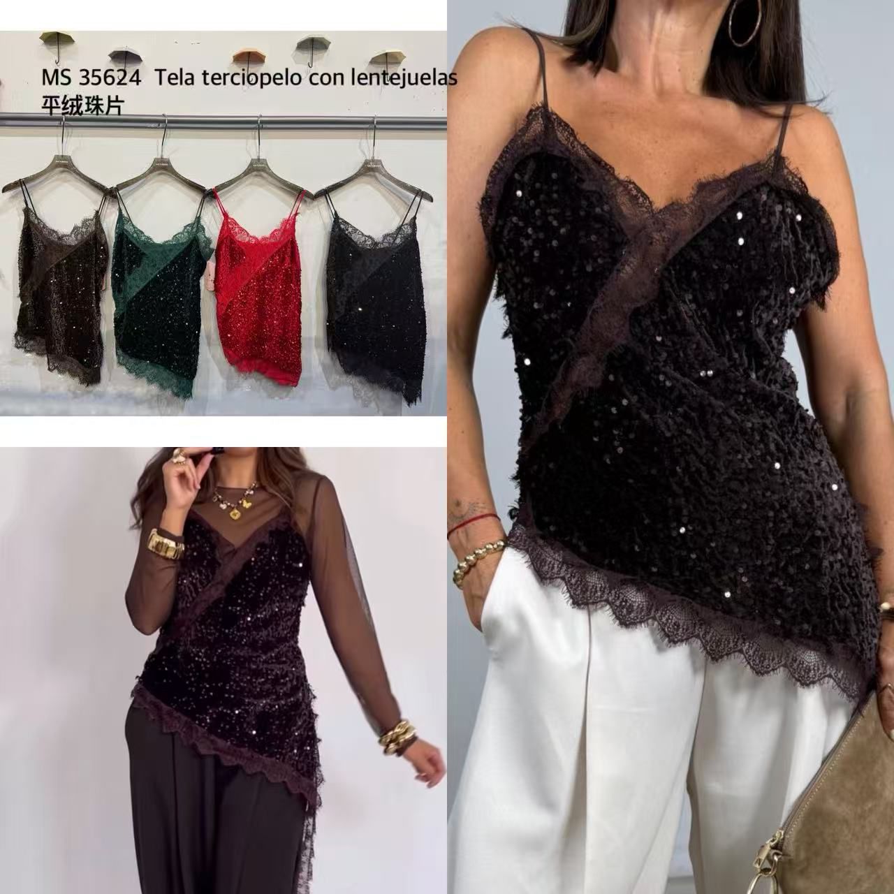 Top acetinado com brilho e renda