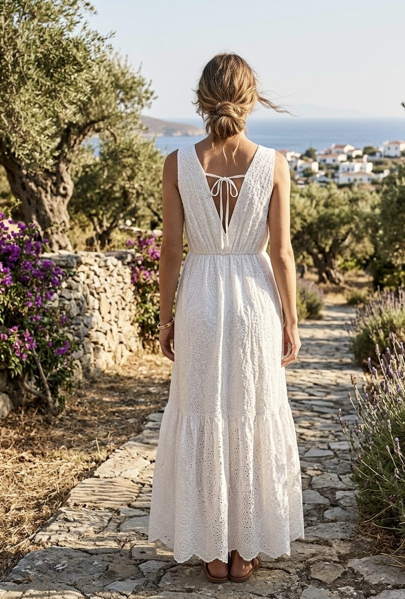 Vestido bordado inglês costas abertas